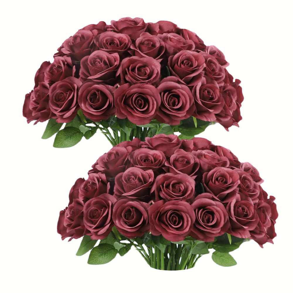 6664 50pcs Roses Artificial Flowers Flowers with Long Stems Burgundy Silk